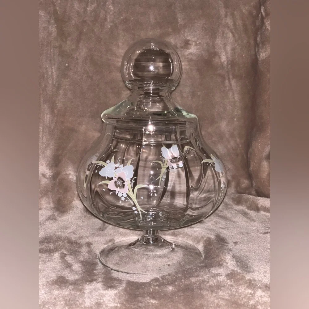 Vintage Pastel Floral Clear Glass Apothecary Pedestal Jar Round Bubble Potbelly